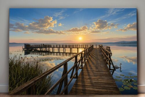 Leinwandbild Sonnenuntergang am See mit Holzsteg, Schwan in ruhiger Natur