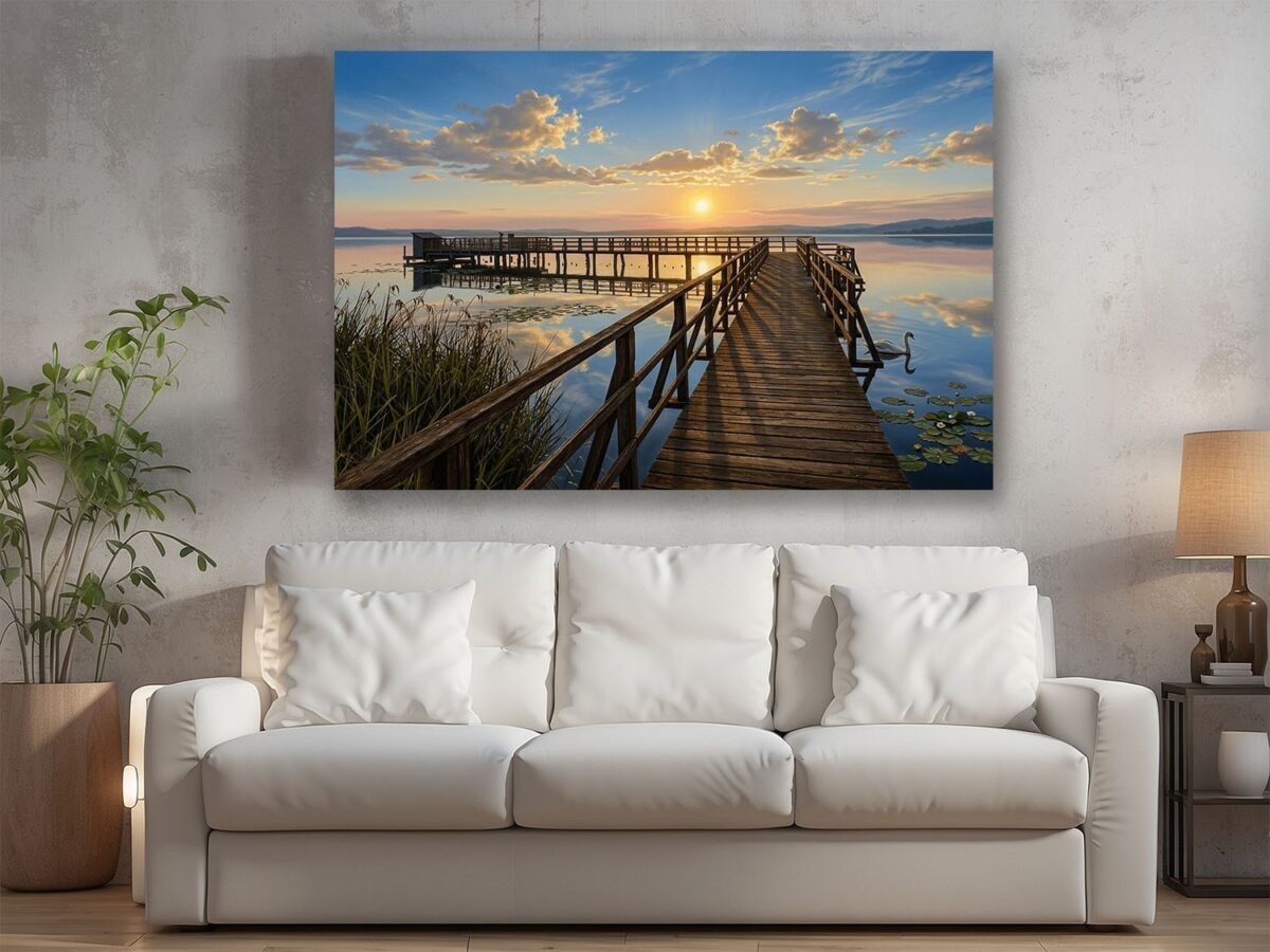 Leinwandbild Sonnenuntergang am See mit Holzsteg, Schwan in ruhiger Natur