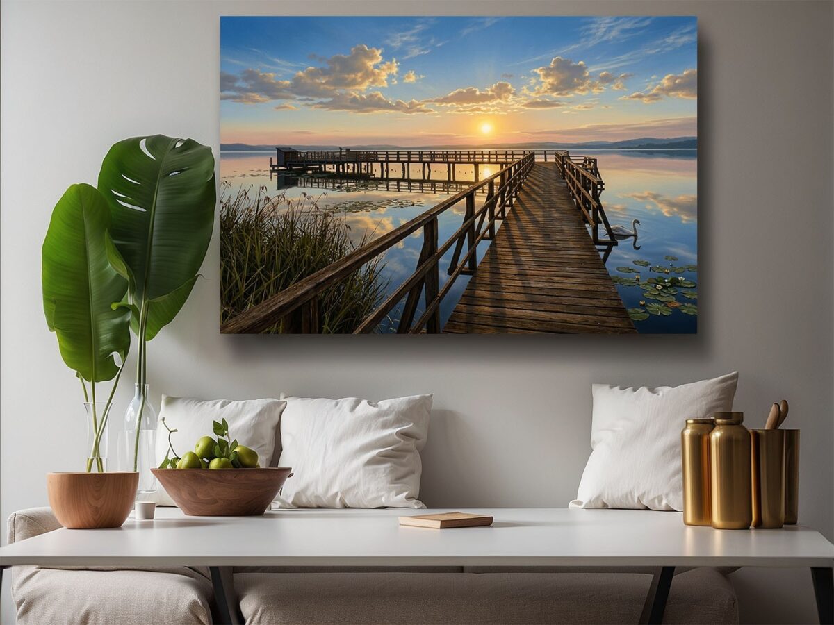 Leinwandbild Sonnenuntergang am See mit Holzsteg, Schwan in ruhiger Natur