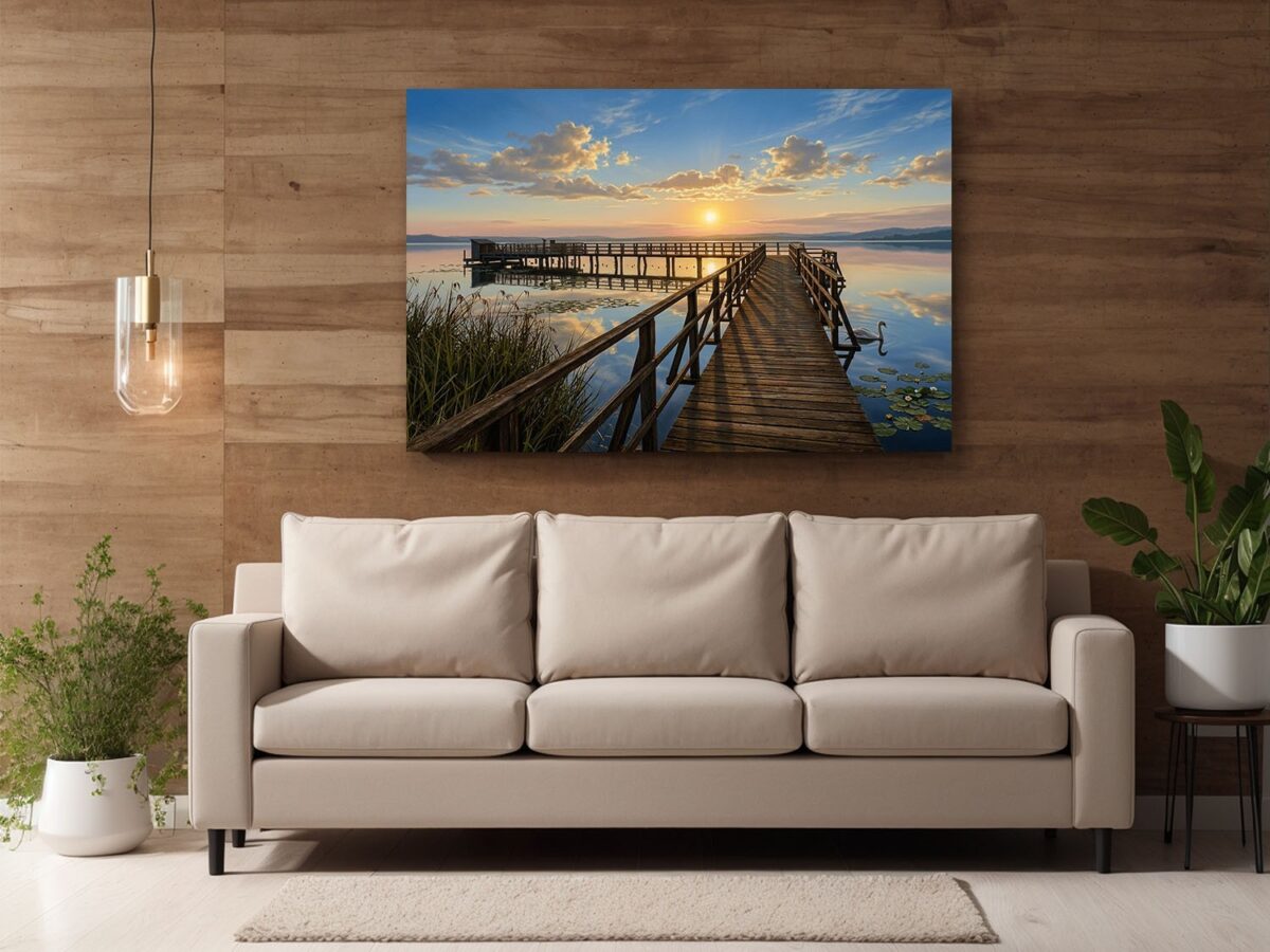 Leinwandbild Sonnenuntergang am See mit Holzsteg, Schwan in ruhiger Natur