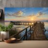 Leinwandbild Sonnenuntergang am See mit Holzsteg, Schwan in ruhiger Natur