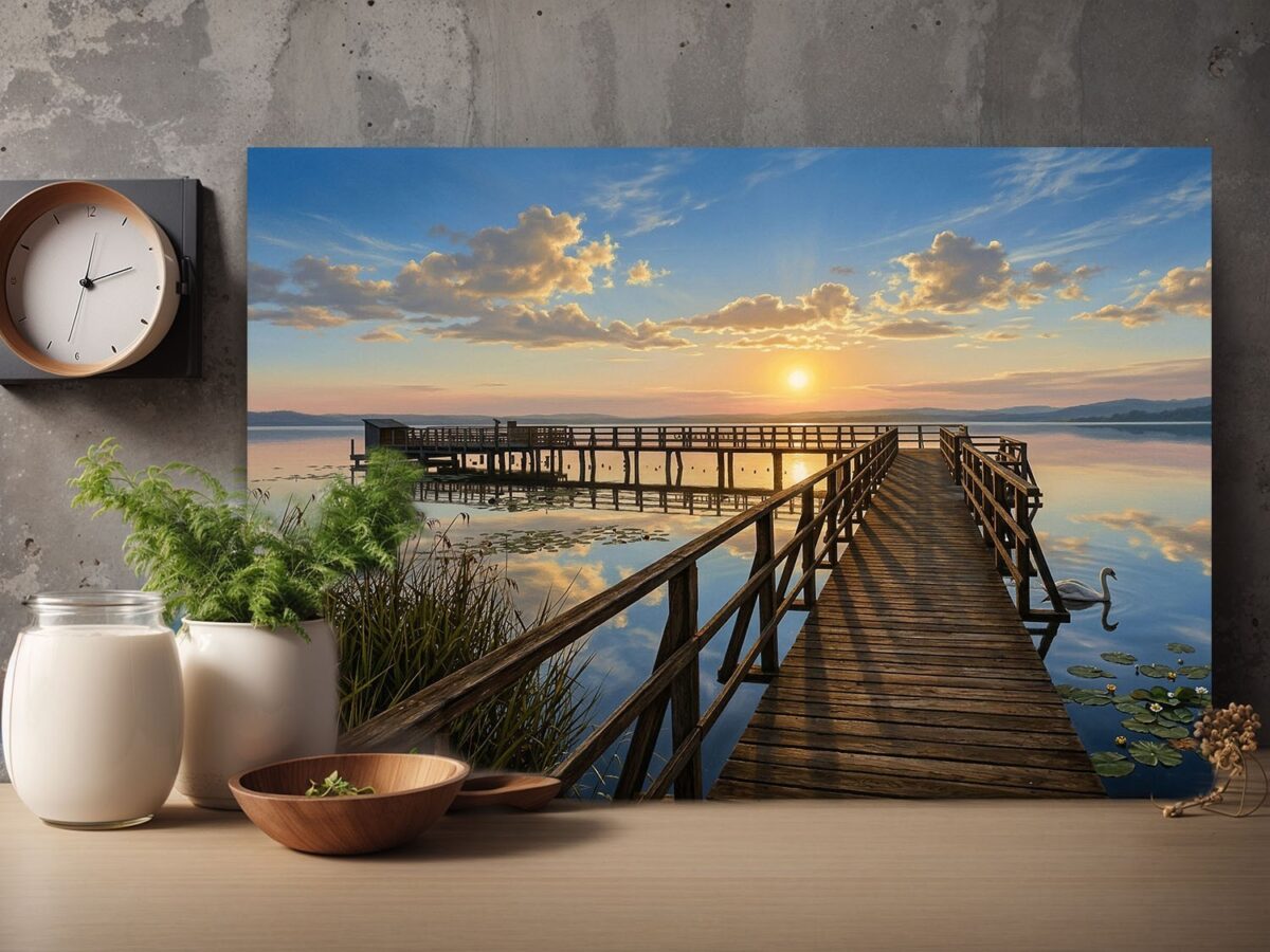 Leinwandbild Sonnenuntergang am See mit Holzsteg, Schwan in ruhiger Natur