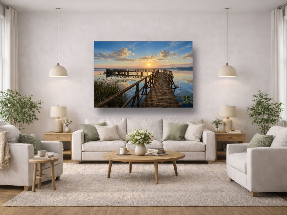 Leinwandbild Sonnenuntergang am See mit Holzsteg, Schwan in ruhiger Natur