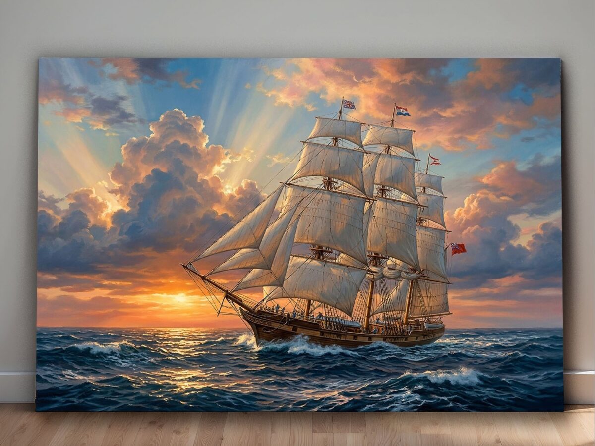 Segelschiff Leinwandbild Sonnenuntergang Meer Maritim Wandbild Großsegler Nautik
