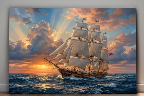 Segelschiff Leinwandbild Sonnenuntergang Meer Maritim Wandbild Großsegler Nautik