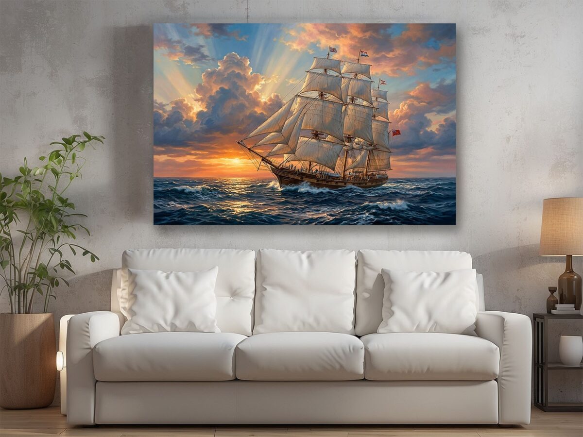Segelschiff Leinwandbild Sonnenuntergang Meer Maritim Wandbild Großsegler Nautik
