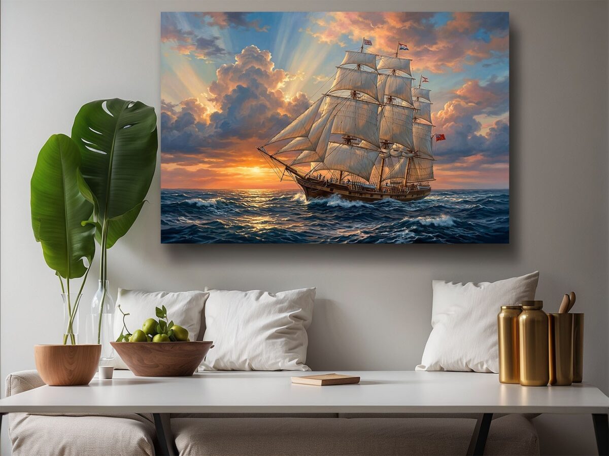 Segelschiff Leinwandbild Sonnenuntergang Meer Maritim Wandbild Großsegler Nautik