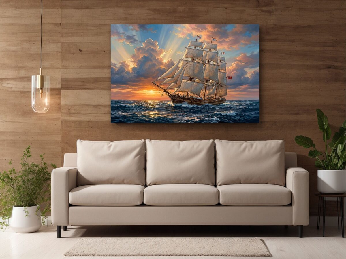 Segelschiff Leinwandbild Sonnenuntergang Meer Maritim Wandbild Großsegler Nautik