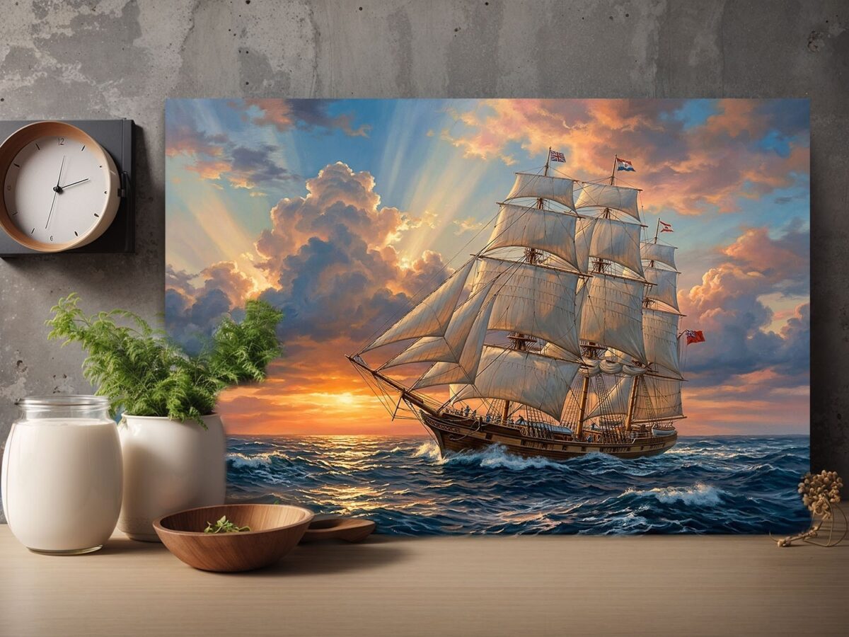 Segelschiff Leinwandbild Sonnenuntergang Meer Maritim Wandbild Großsegler Nautik
