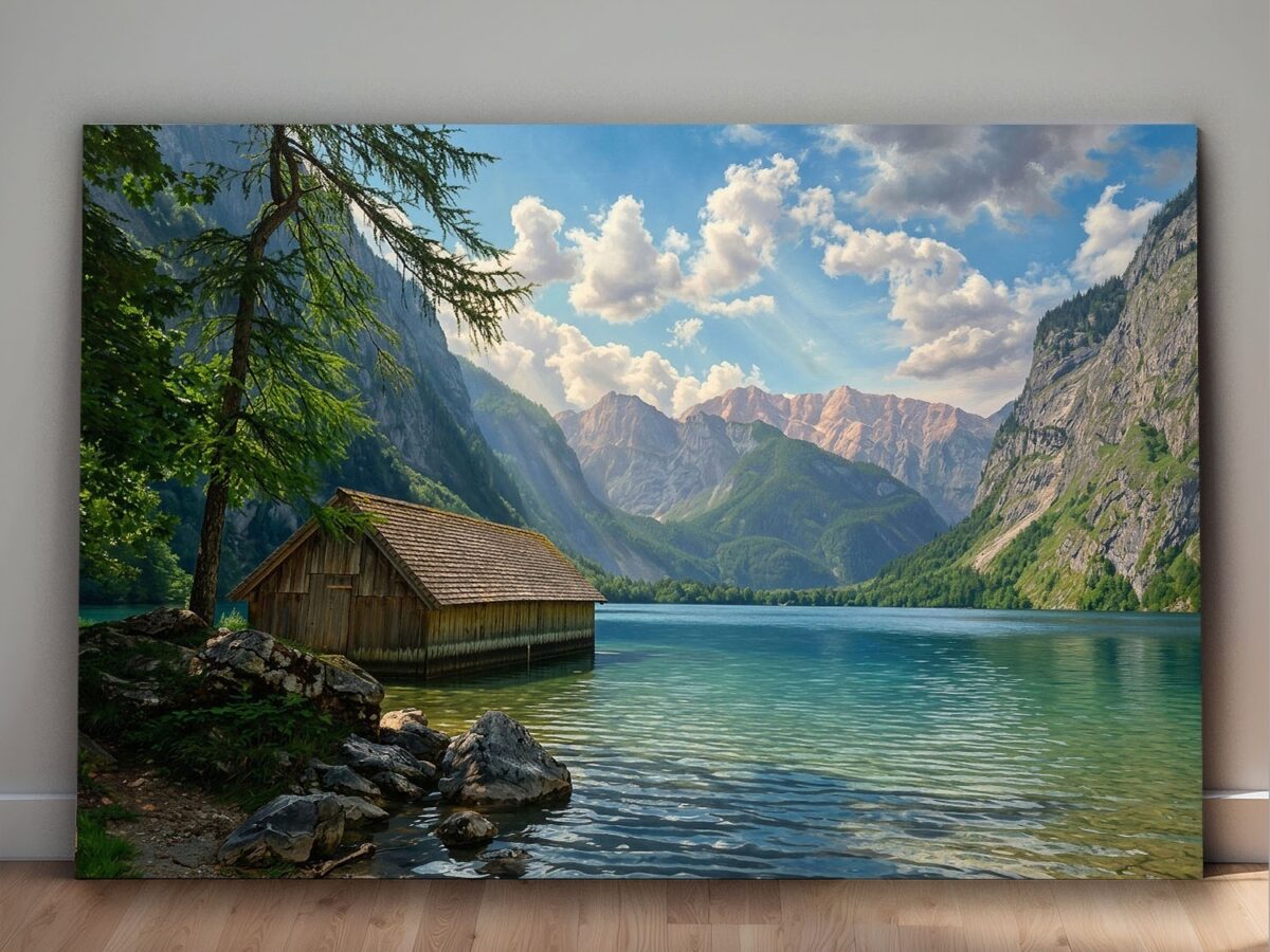 Leinwandbild Königssee Berchtesgaden Alpen Hütte Bergsee