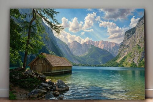 Leinwandbild Königssee Berchtesgaden Alpen Hütte Bergsee