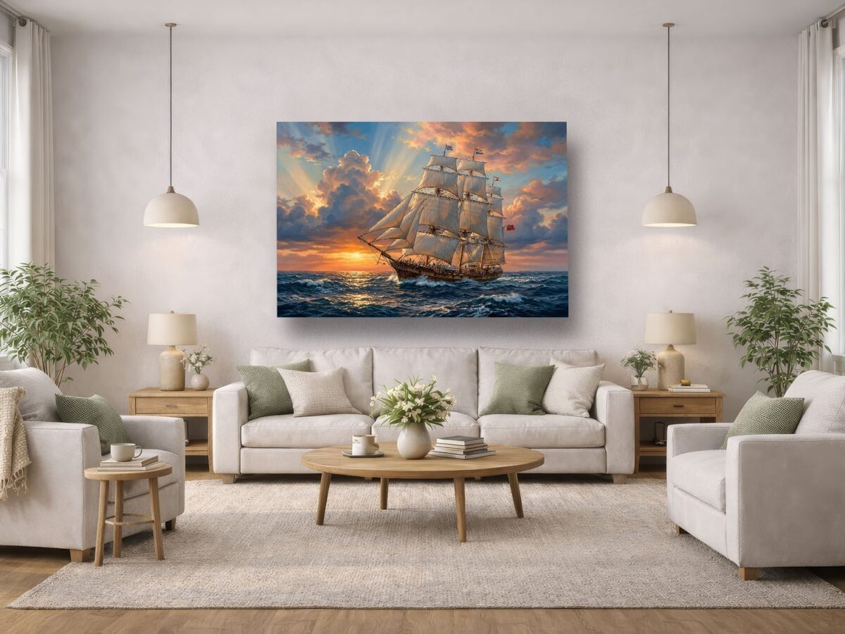Segelschiff Leinwandbild Sonnenuntergang Meer Maritim Wandbild Großsegler Nautik
