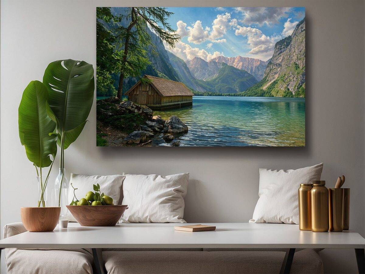 Leinwandbild Königssee Berchtesgaden Alpen Hütte Bergsee