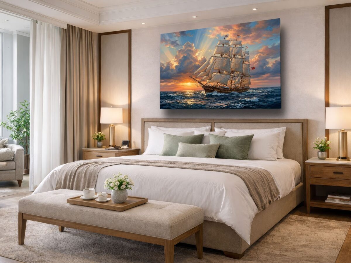 Segelschiff Leinwandbild Sonnenuntergang Meer Maritim Wandbild Großsegler Nautik
