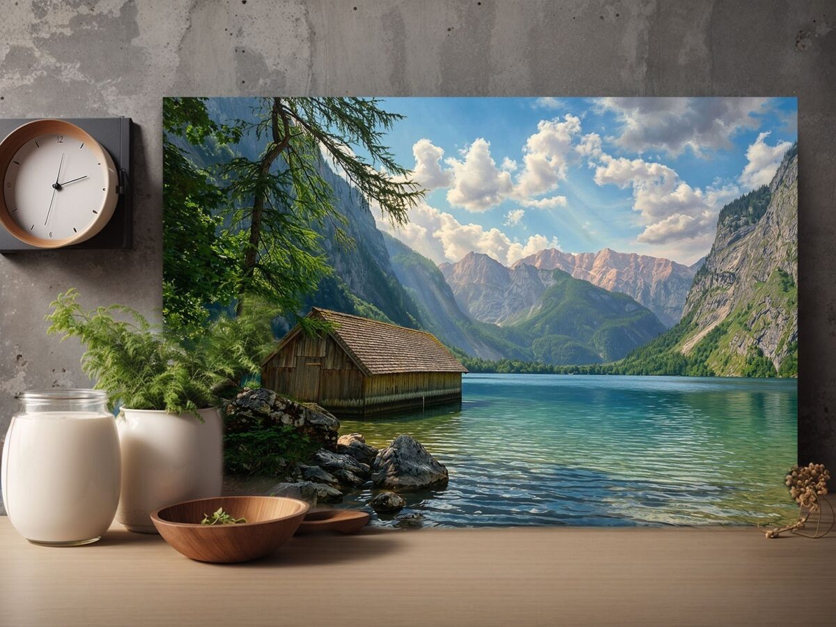 Leinwandbild Königssee Berchtesgaden Alpen Hütte Bergsee