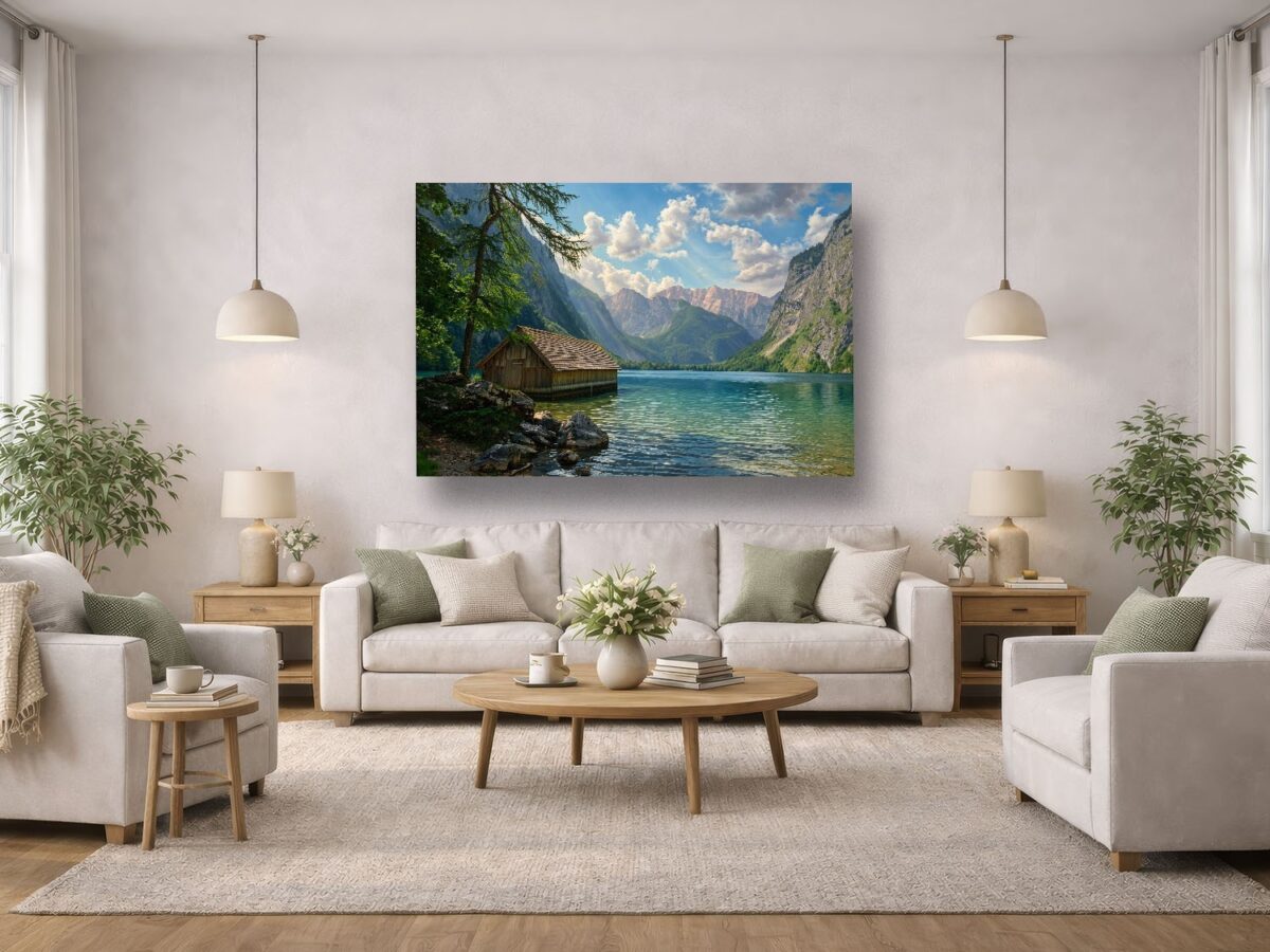 Leinwandbild Königssee Berchtesgaden Alpen Hütte Bergsee