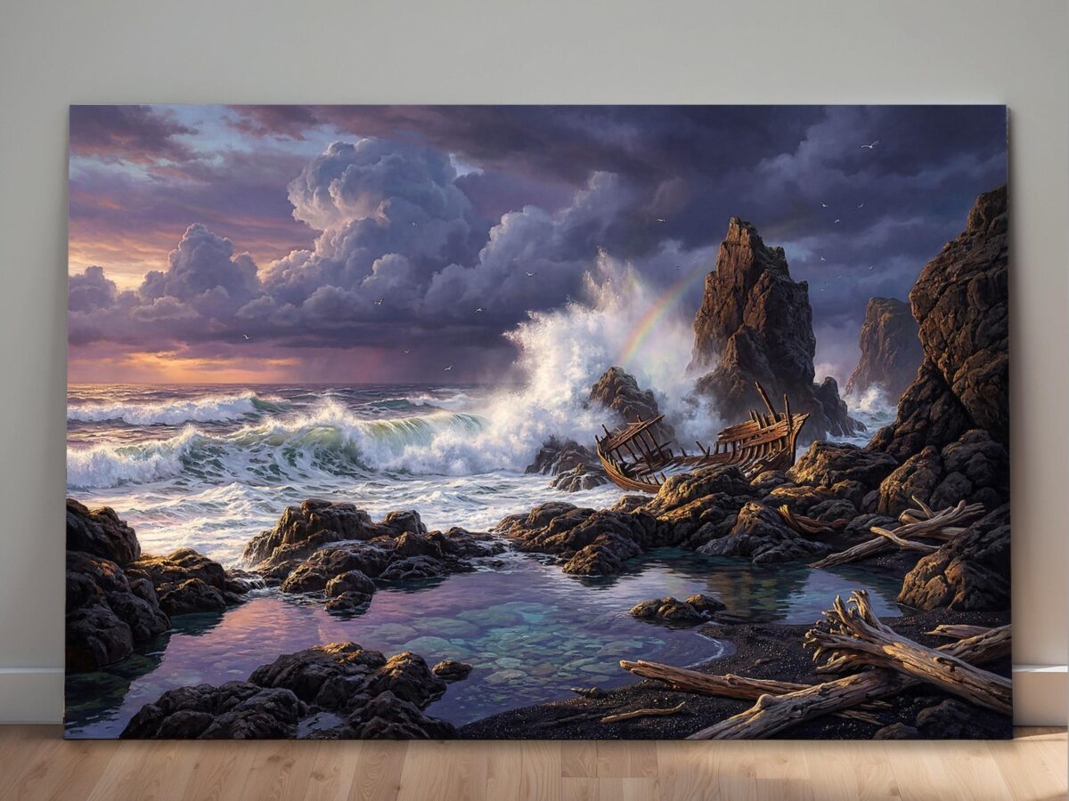 57-1404.jpg Leinwandbild Stürmische Küste Schiffswrack Regenbogen Meer Felsen Wandbild