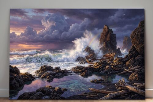 57-1404.jpg Leinwandbild Stürmische Küste Schiffswrack Regenbogen Meer Felsen Wandbild