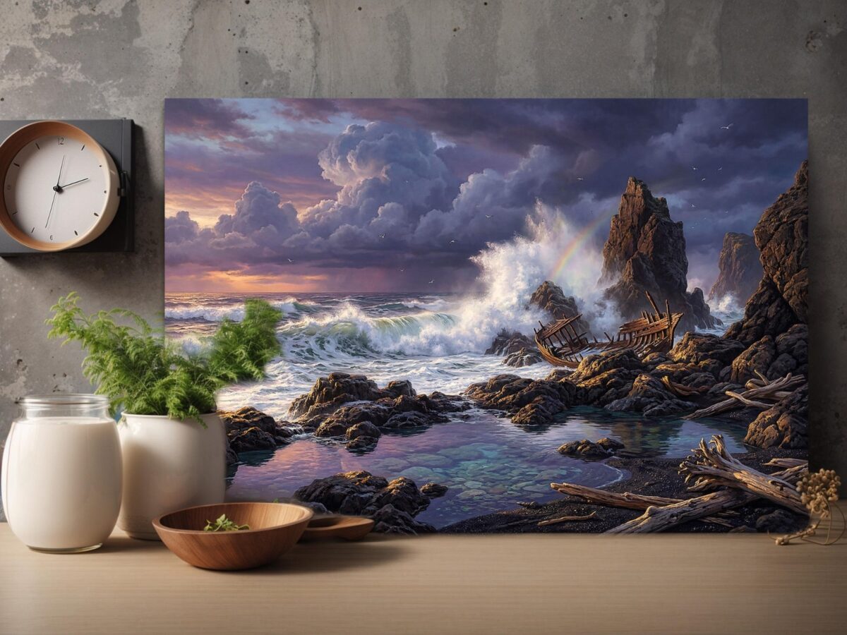 57-1424.jpg Leinwandbild Stürmische Küste Schiffswrack Regenbogen Meer Felsen Wandbild