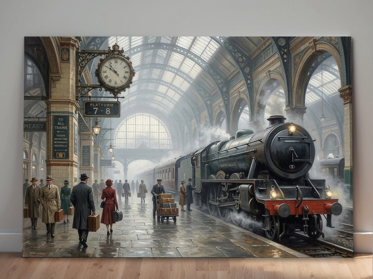 57-1425.jpg Leinwandbild Dampflok im historischen Bahnhof – Eisenbahn Nostalgie