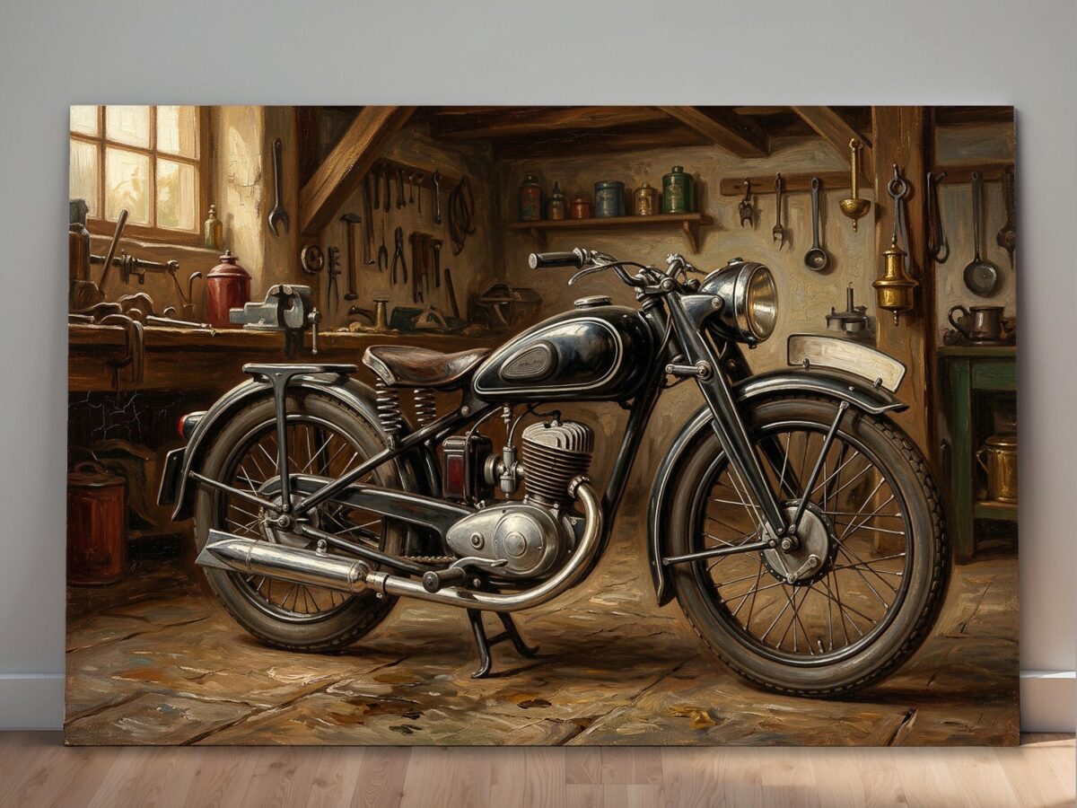 57-1426.jpg Oldtimer Motorrad Leinwandbild – Klassisches Motorrad in historischer Werkstatt