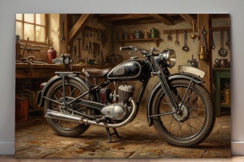 57-1426.jpg Oldtimer Motorrad Leinwandbild – Klassisches Motorrad in historischer Werkstatt