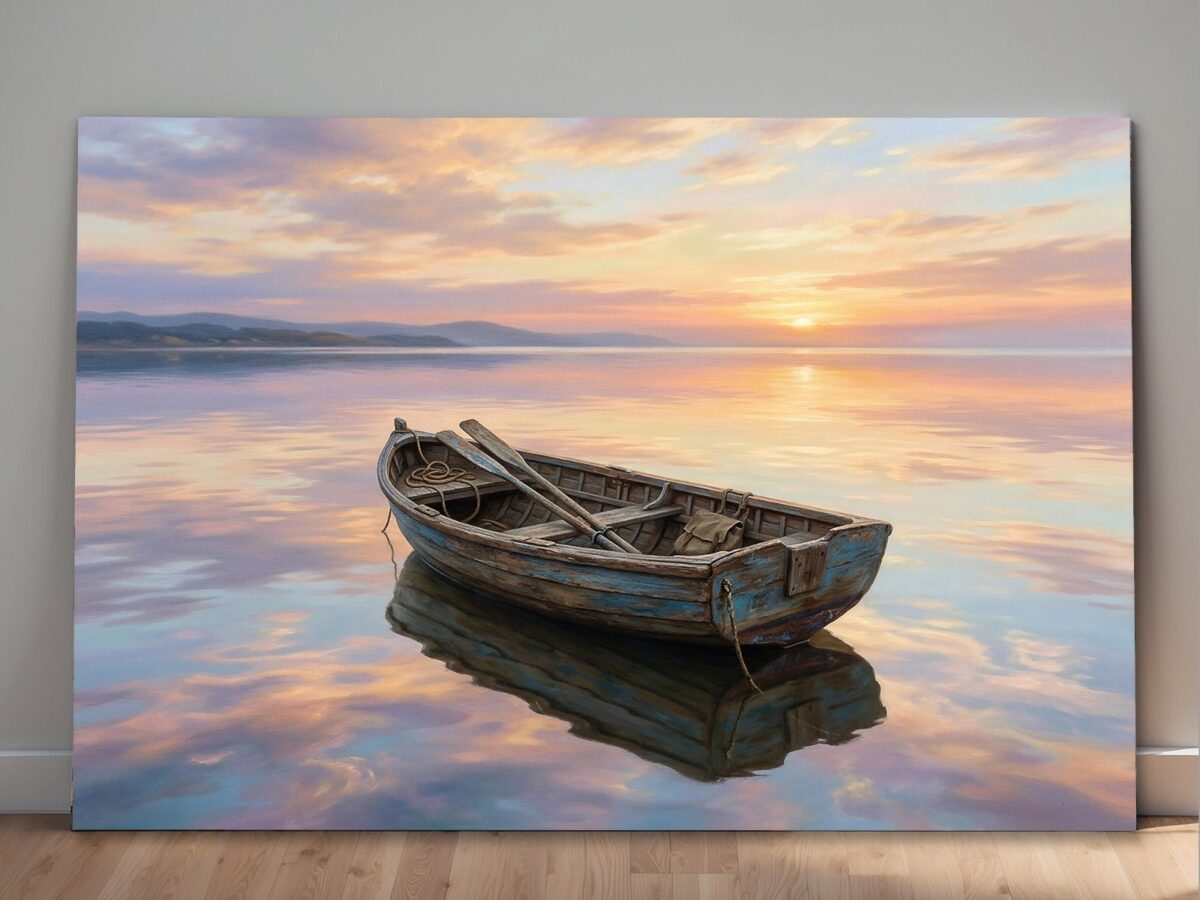 57-1429.jpg Leinwandbild Ruderboot auf See bei Sonnenuntergang – Maritimes Wandbild