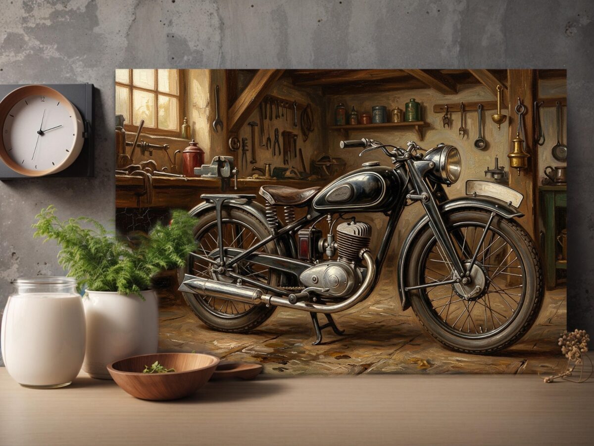 57-1431.jpg Oldtimer Motorrad Leinwandbild – Klassisches Motorrad in historischer Werkstatt