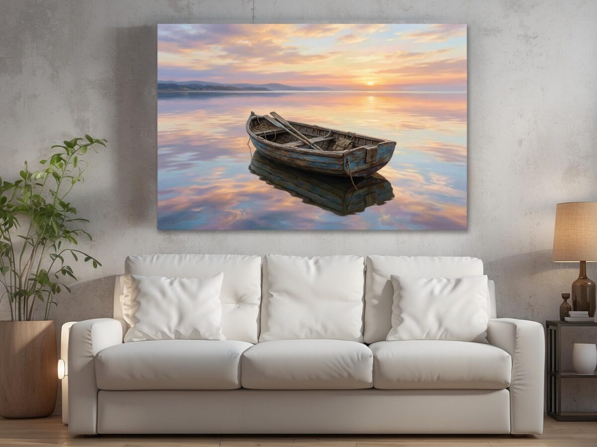 57-1433.jpg Leinwandbild Ruderboot auf See bei Sonnenuntergang – Maritimes Wandbild