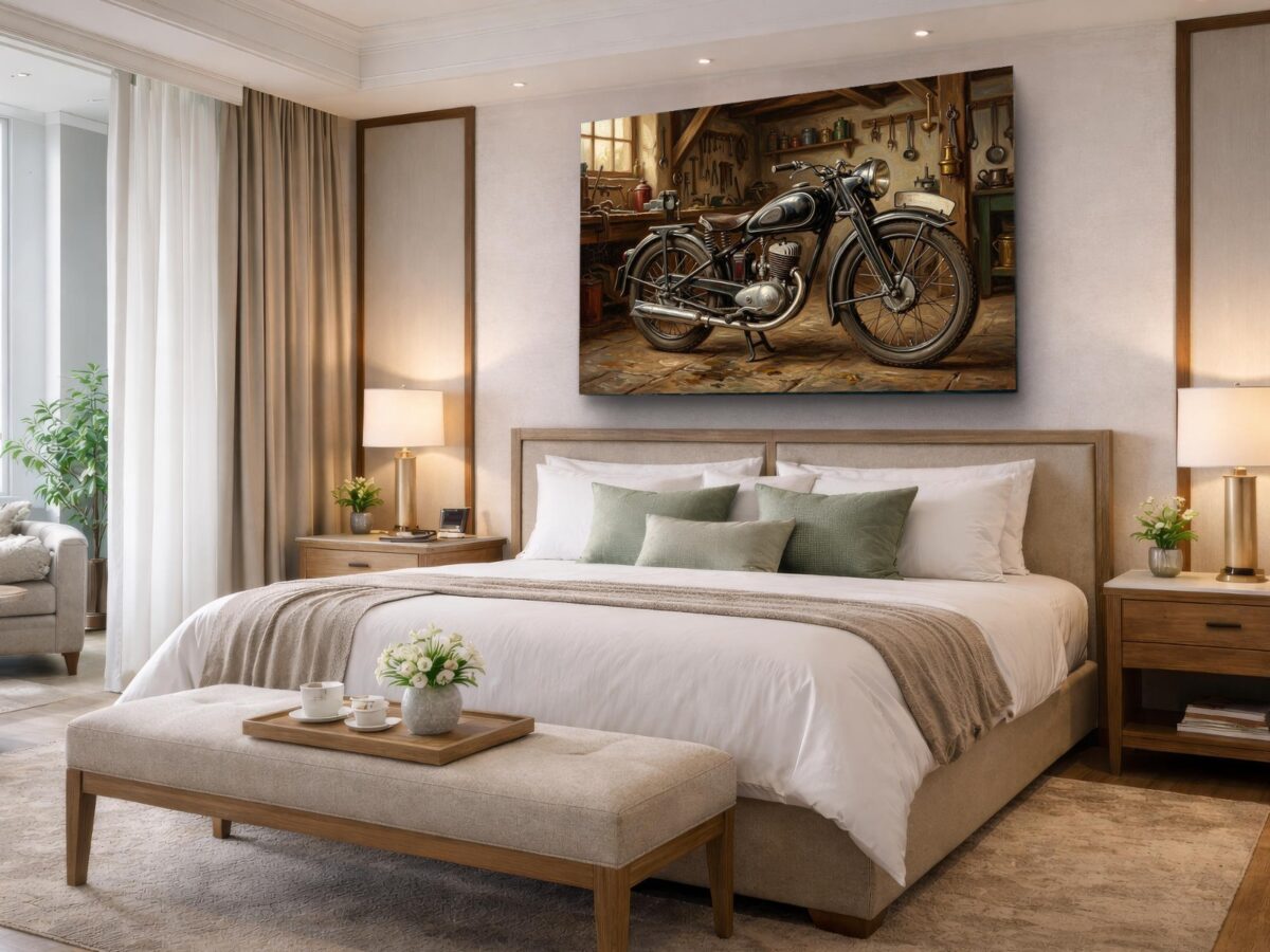 57-1434.jpg Oldtimer Motorrad Leinwandbild – Klassisches Motorrad in historischer Werkstatt