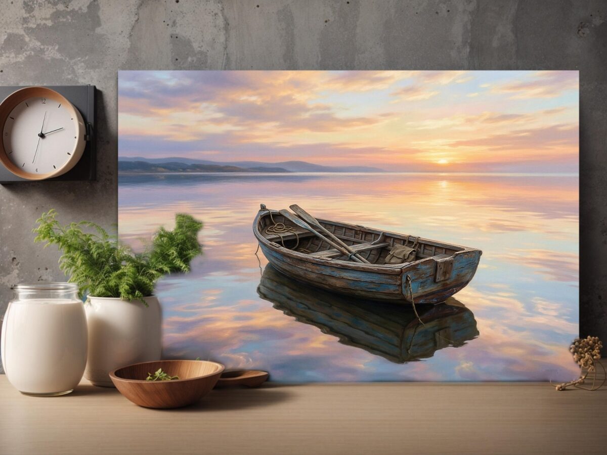57-1436.jpg Leinwandbild Ruderboot auf See bei Sonnenuntergang – Maritimes Wandbild