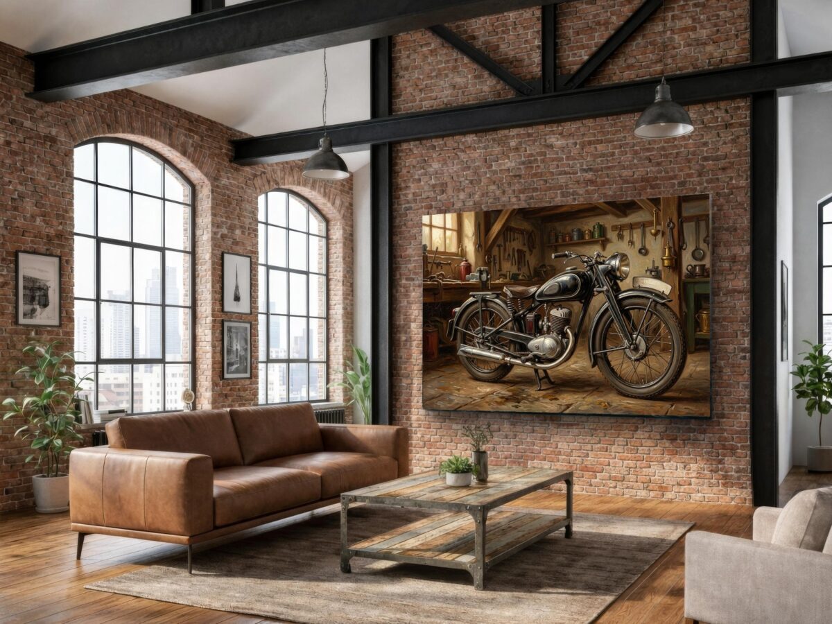 57-1437.jpg Oldtimer Motorrad Leinwandbild – Klassisches Motorrad in historischer Werkstatt
