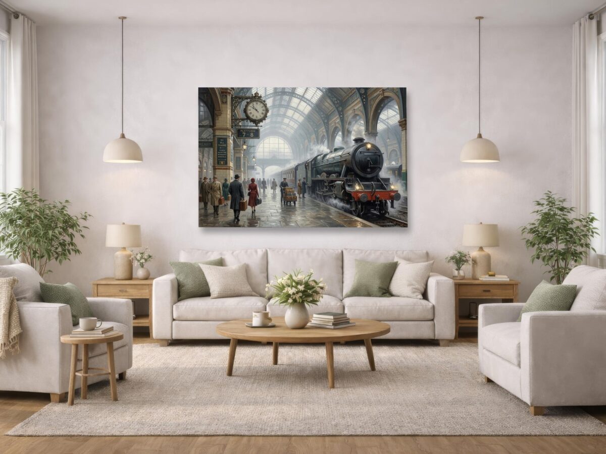 57-1439.jpg Leinwandbild Dampflok im historischen Bahnhof – Eisenbahn Nostalgie