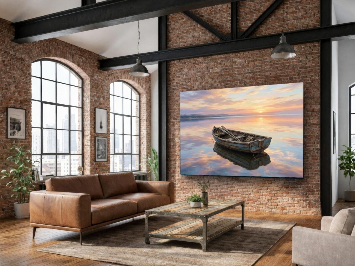 57-1442.jpg Leinwandbild Ruderboot auf See bei Sonnenuntergang – Maritimes Wandbild