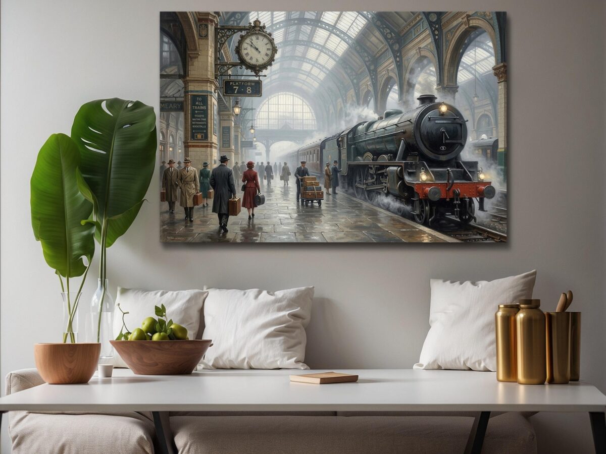 57-1444.jpg Leinwandbild Dampflok im historischen Bahnhof – Eisenbahn Nostalgie