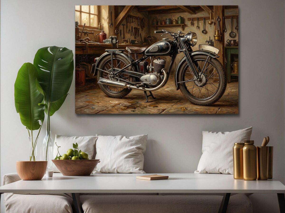 57-1447.jpg Oldtimer Motorrad Leinwandbild – Klassisches Motorrad in historischer Werkstatt