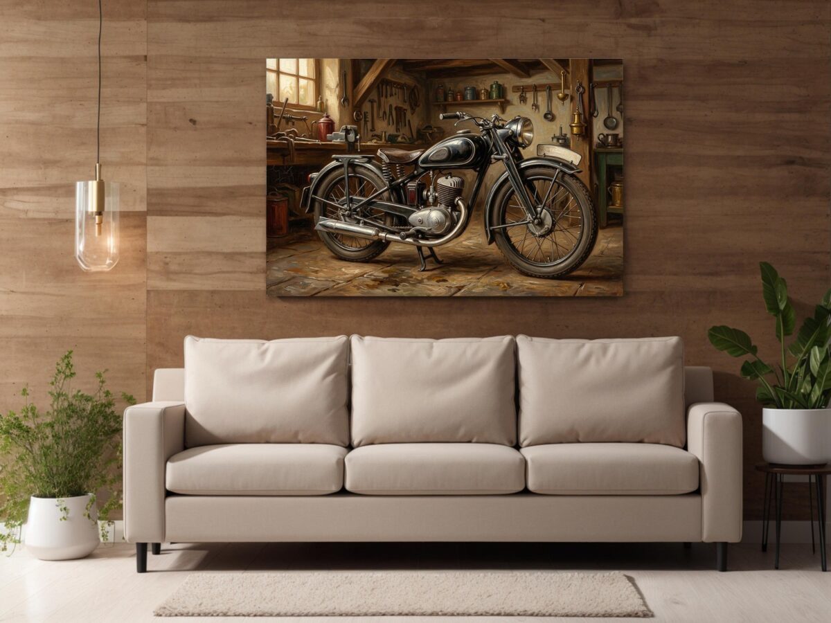57-1449.jpg Oldtimer Motorrad Leinwandbild – Klassisches Motorrad in historischer Werkstatt