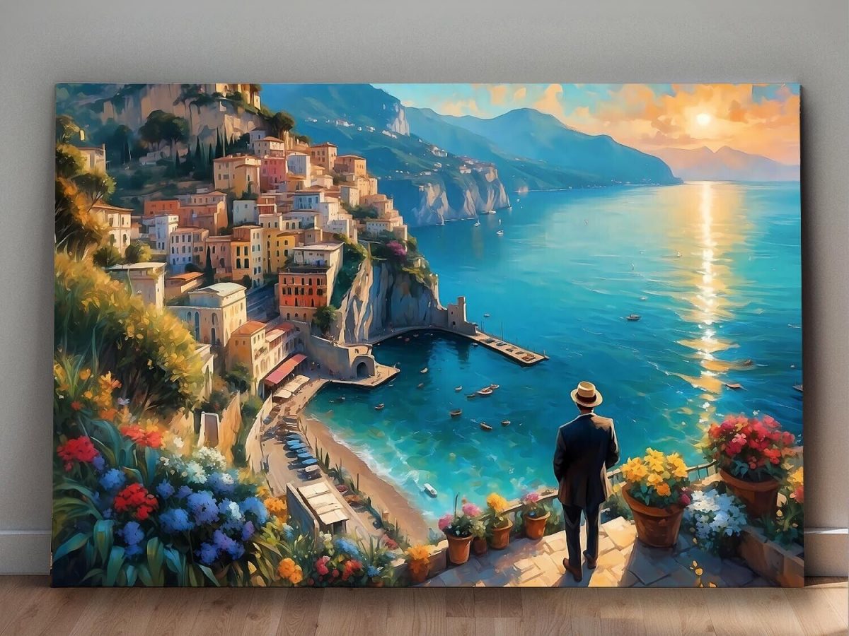 Blick auf Stadt am Mittelmeer–wie Ölgemälde, Digital Art, KI Art