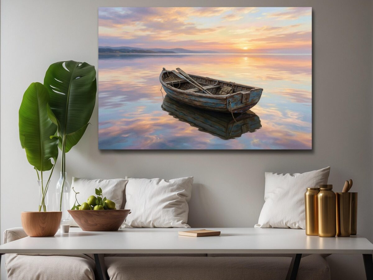 57-1450.jpg Leinwandbild Ruderboot auf See bei Sonnenuntergang – Maritimes Wandbild