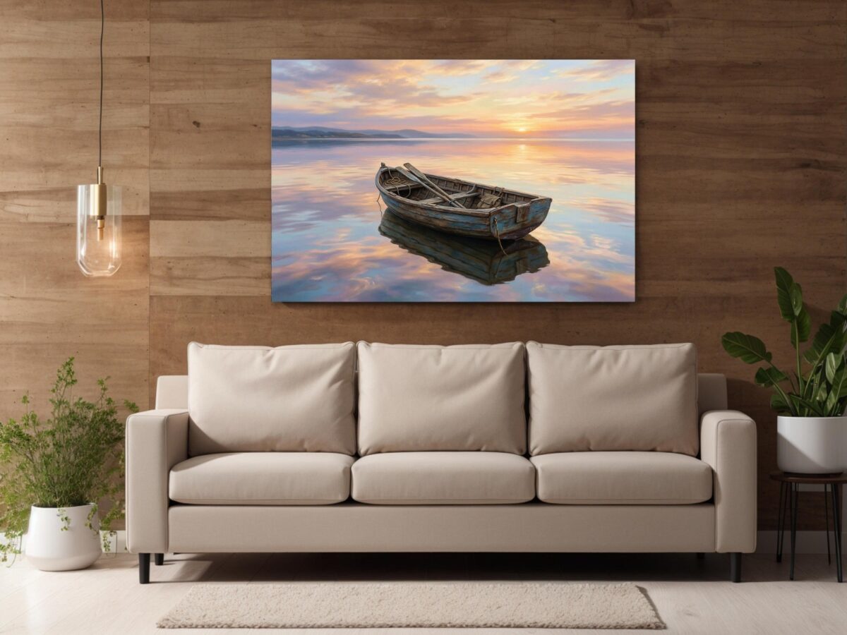 57-1451.jpg Leinwandbild Ruderboot auf See bei Sonnenuntergang – Maritimes Wandbild