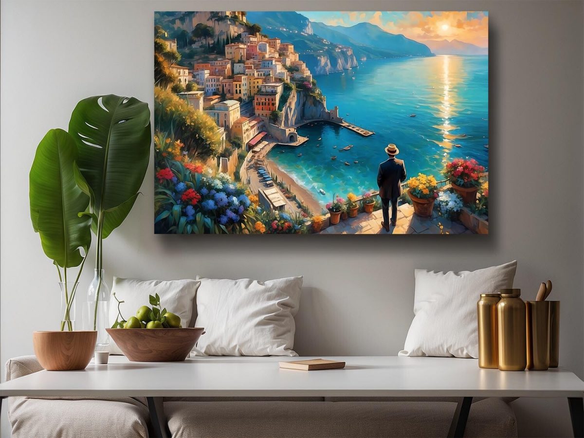 Blick auf Stadt am Mittelmeer–wie Ölgemälde, Digital Art, KI Art