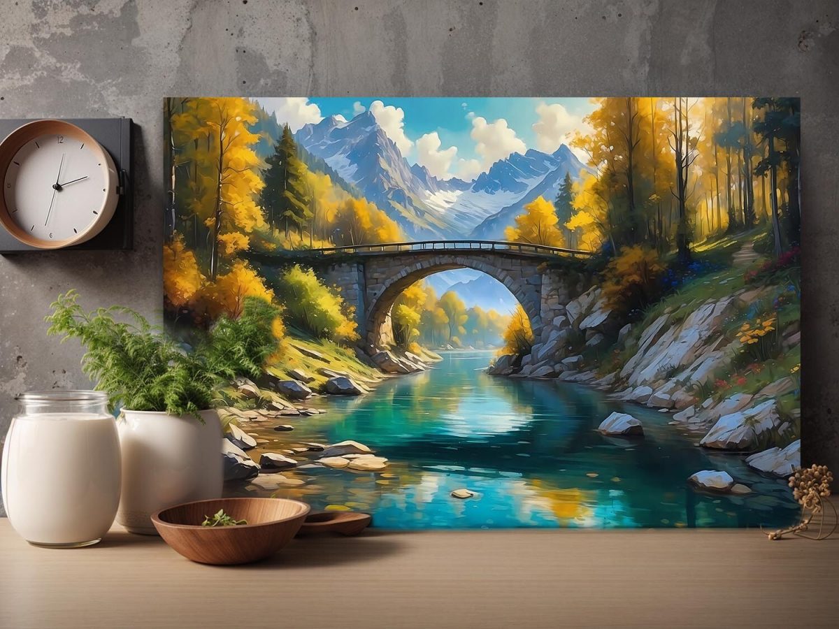 Bergblick mit Brücke, Digital Art, KI Art