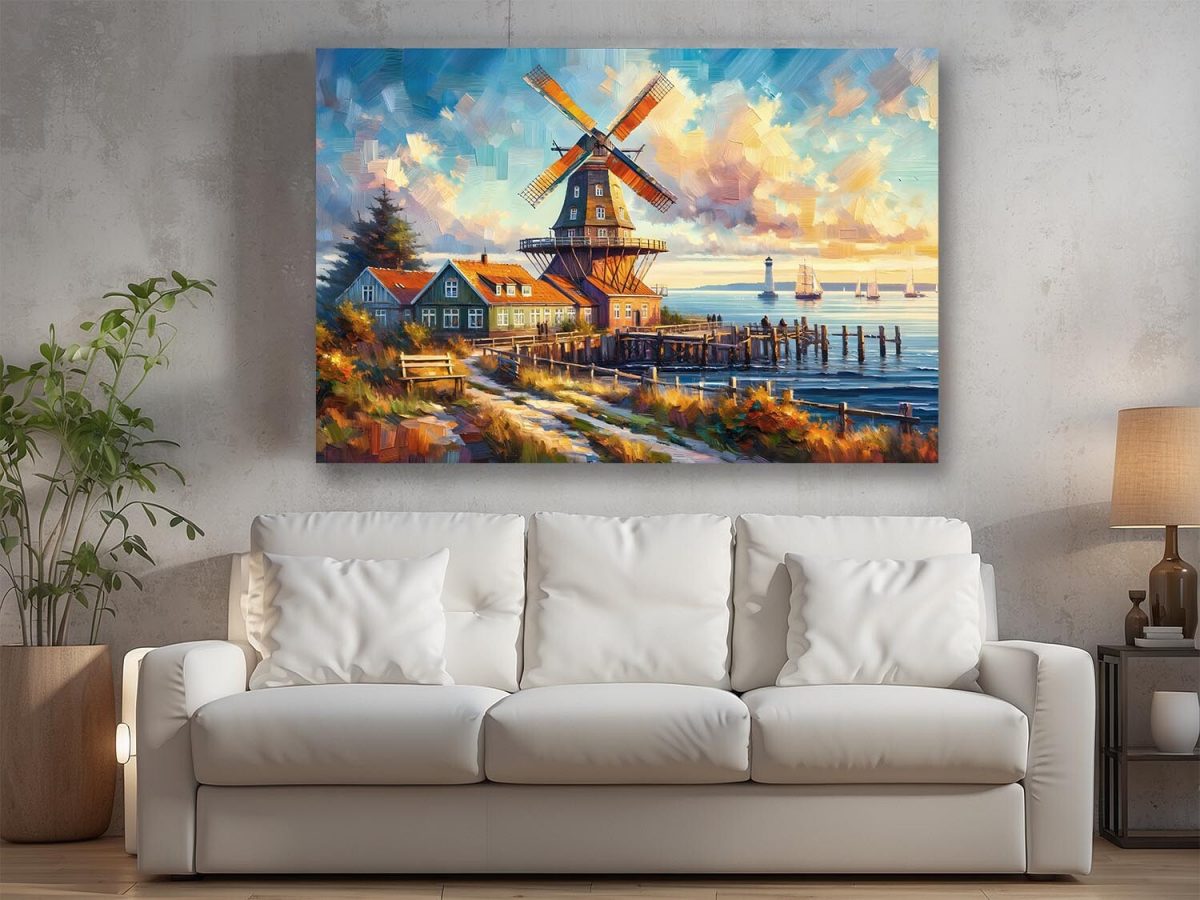 Küstenlandschaft mit Windmühle, Digital Art, KI Art