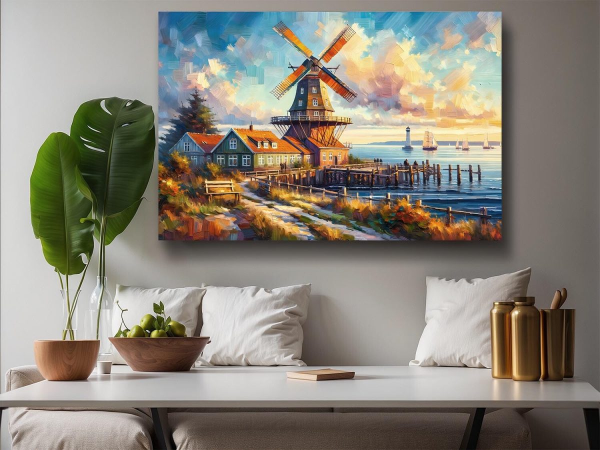 Küstenlandschaft mit Windmühle, Digital Art, KI Art