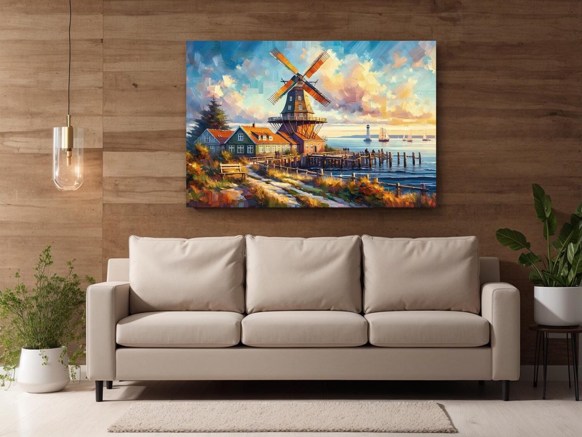 Küstenlandschaft mit Windmühle, Digital Art, KI Art