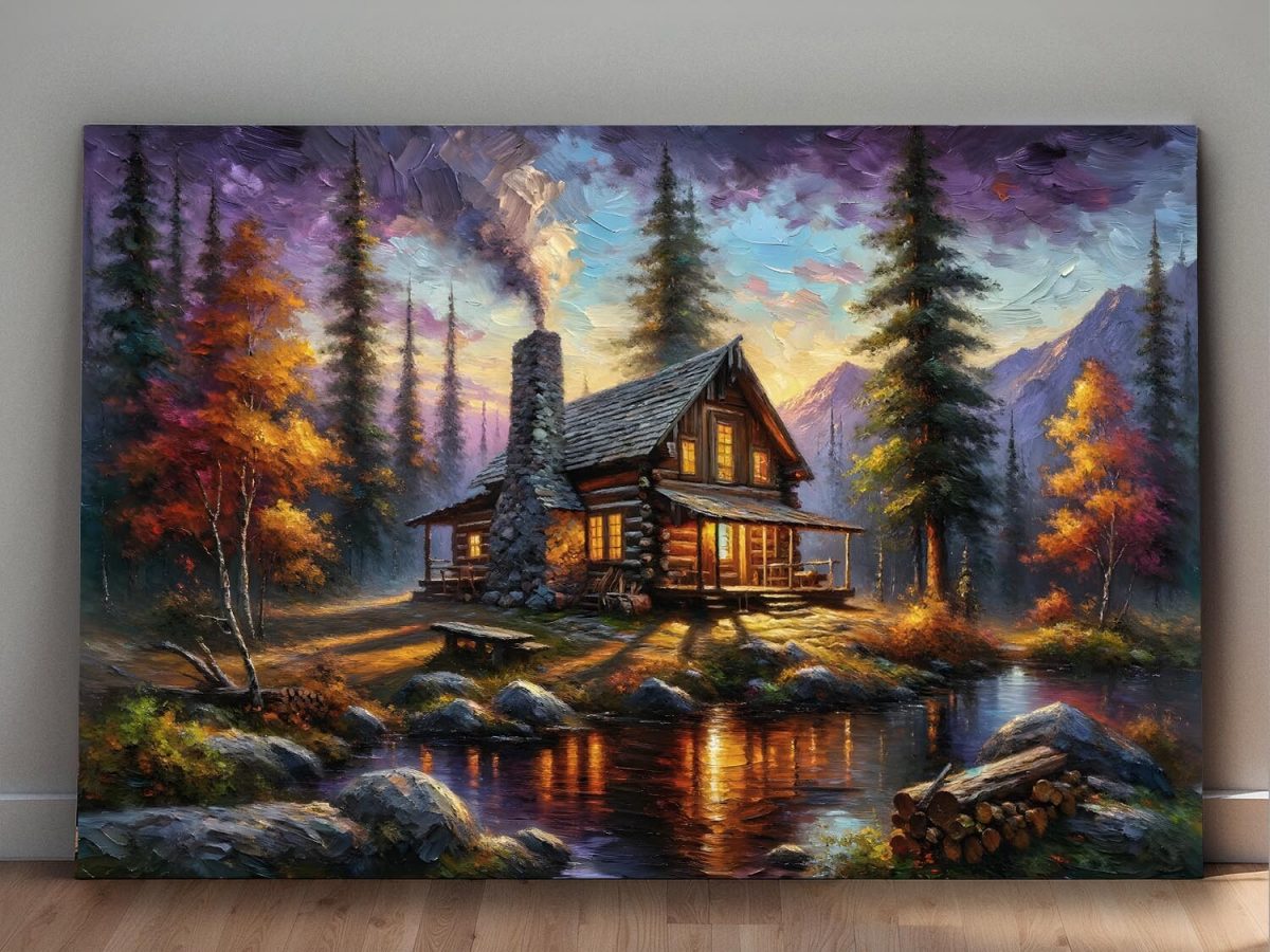 Herbstliche Holzhütte am Wasser, Digital Art, KI Art