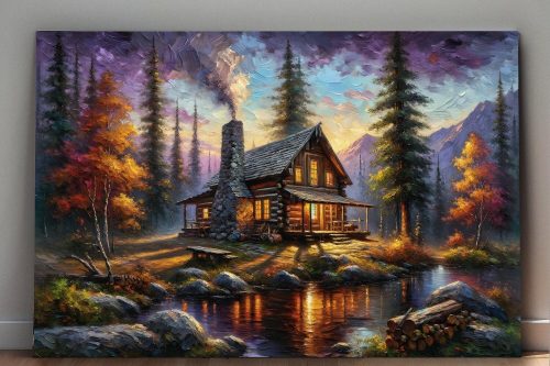 Herbstliche Holzhütte am Wasser, Digital Art, KI Art