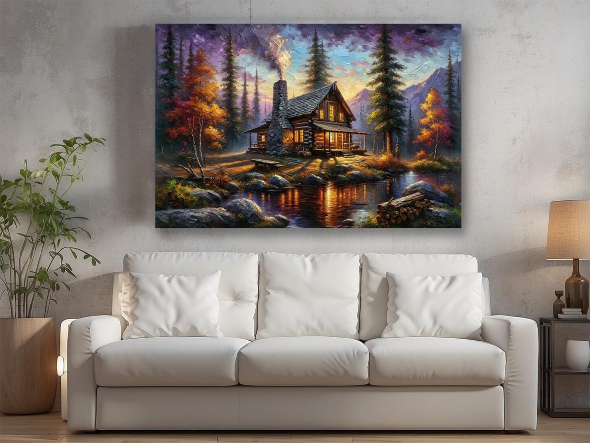 Herbstliche Holzhütte am Wasser, Digital Art, KI Art