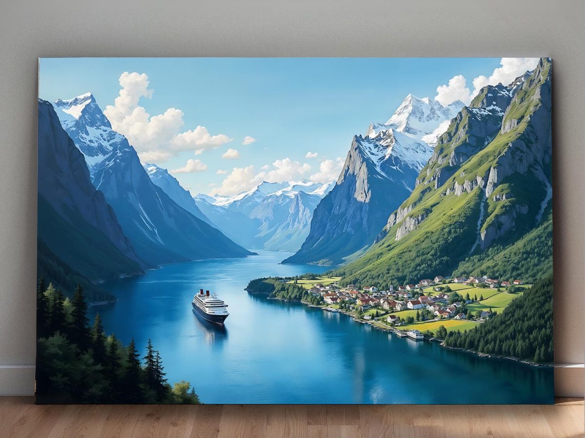 Norwegischer Fjord mit Bergen und Dorf, Digital Art, KI Art