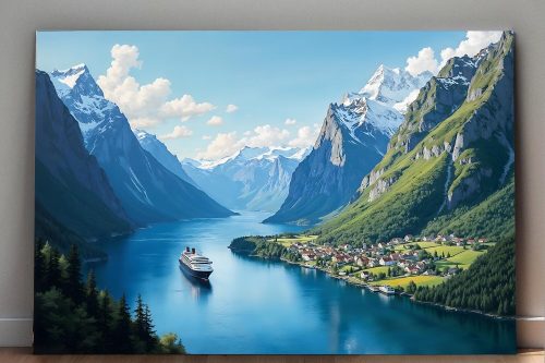 Norwegischer Fjord mit Bergen und Dorf, Digital Art, KI Art